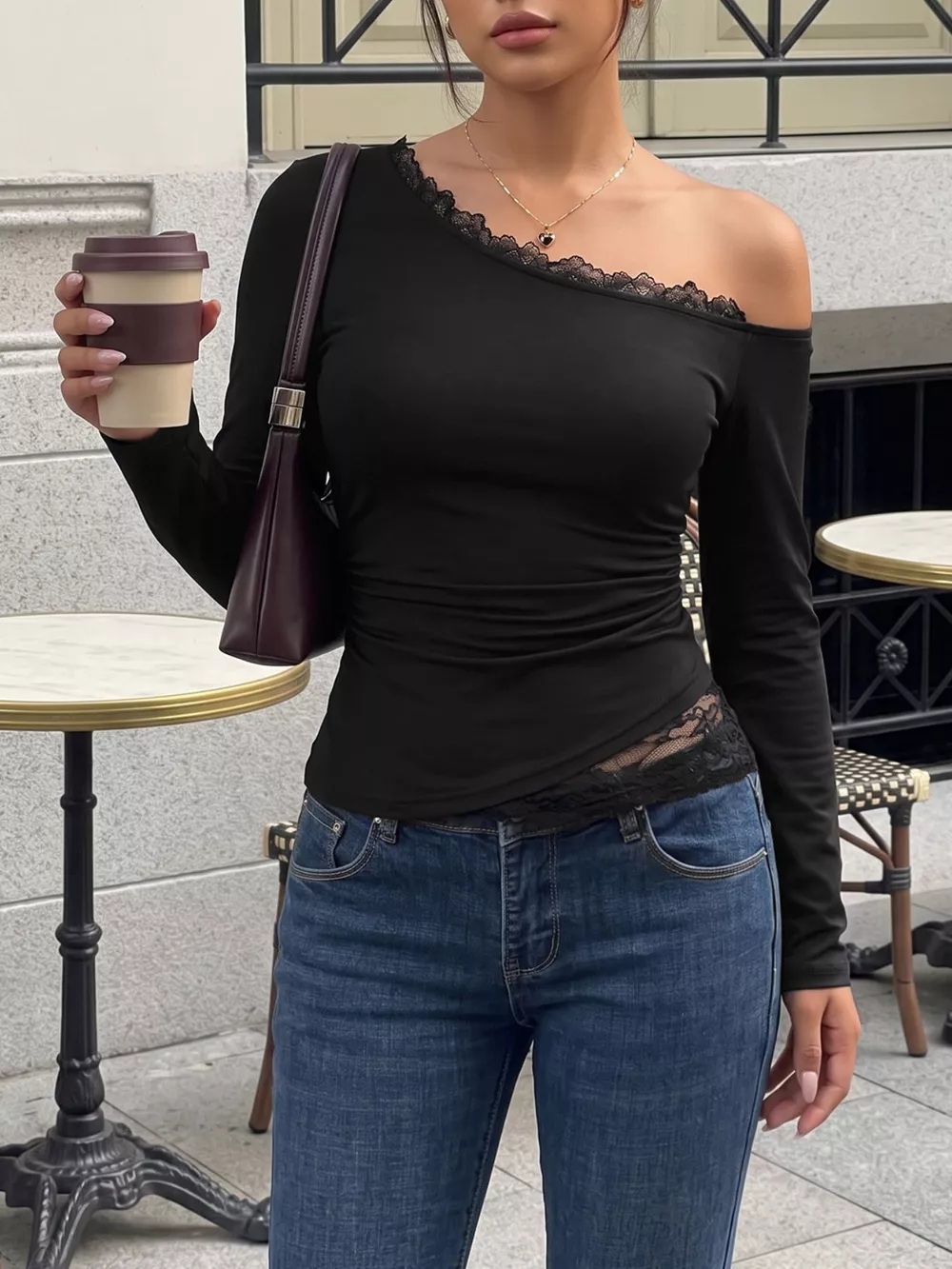 One-Shoulder Lace Trim Slim Fit T-Shirt, image 4