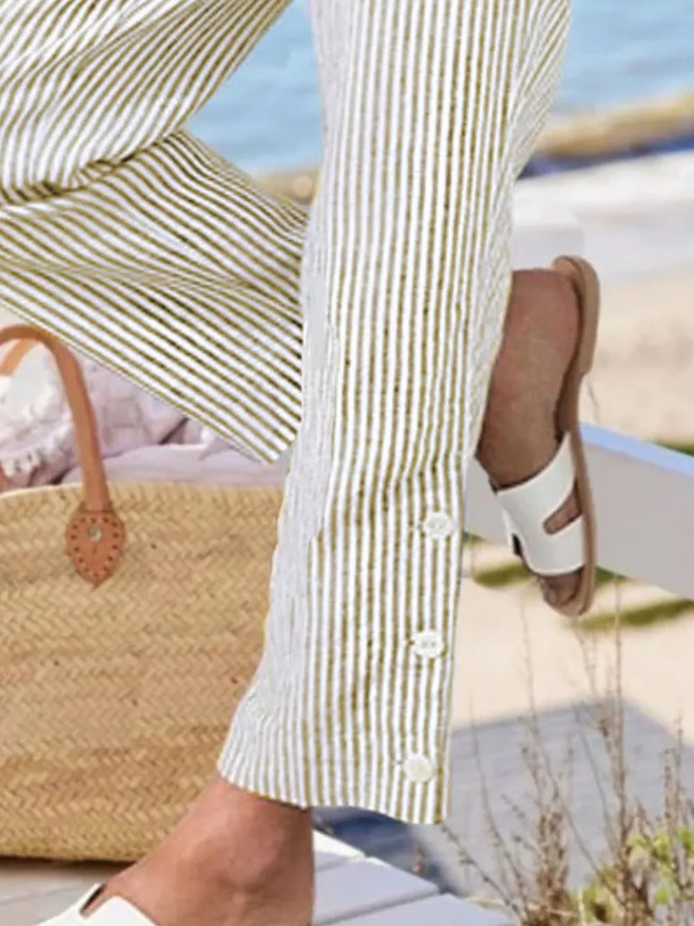Full Size Striped Side Button Detail Pants Plus Size, image 10