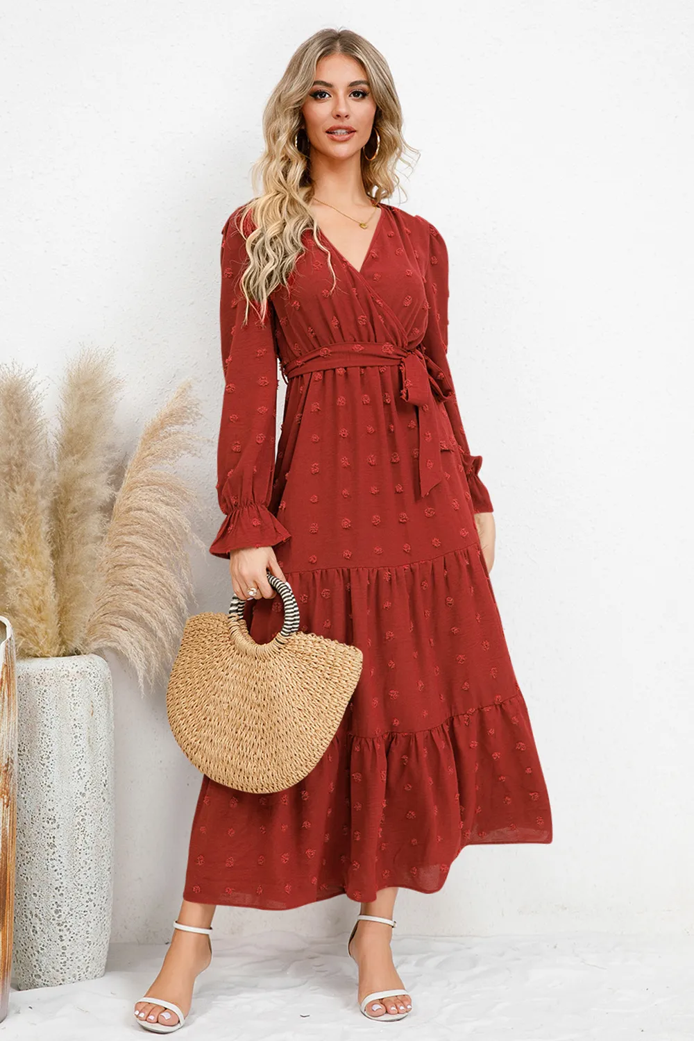 Swiss Dot Tied Surplice Flounce Sleeve Dress, image 8