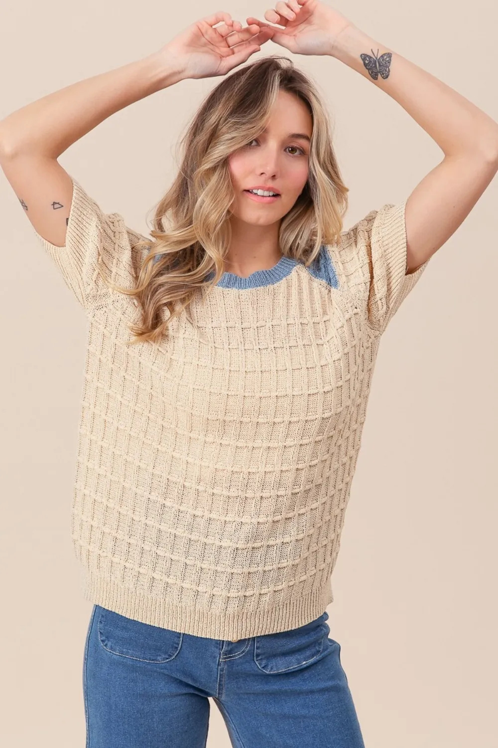 Textured Contrast Short Sleeve Sweater, image 4