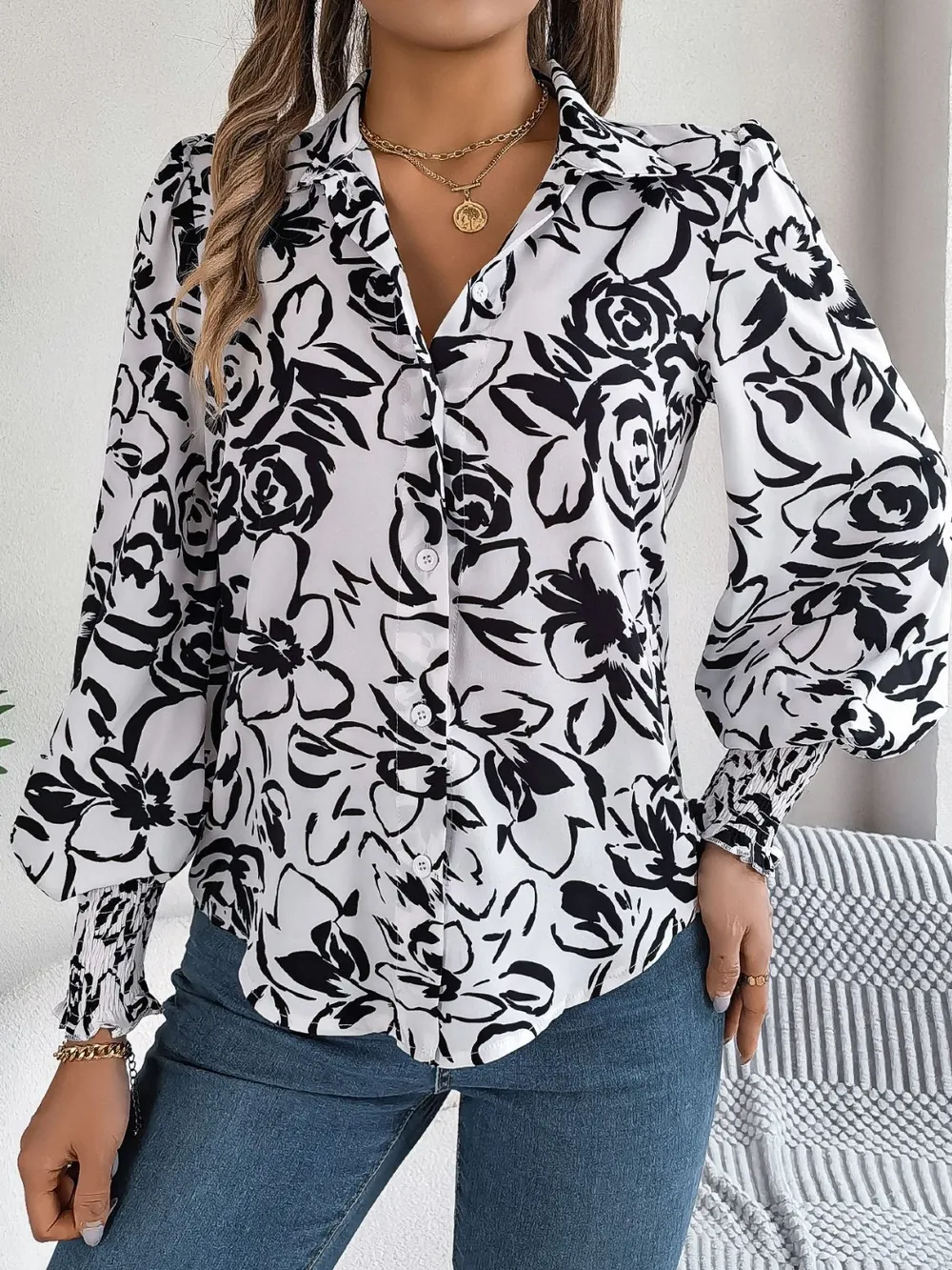 Printed Collared Neck Lantern Sleeve Shirt, image 7