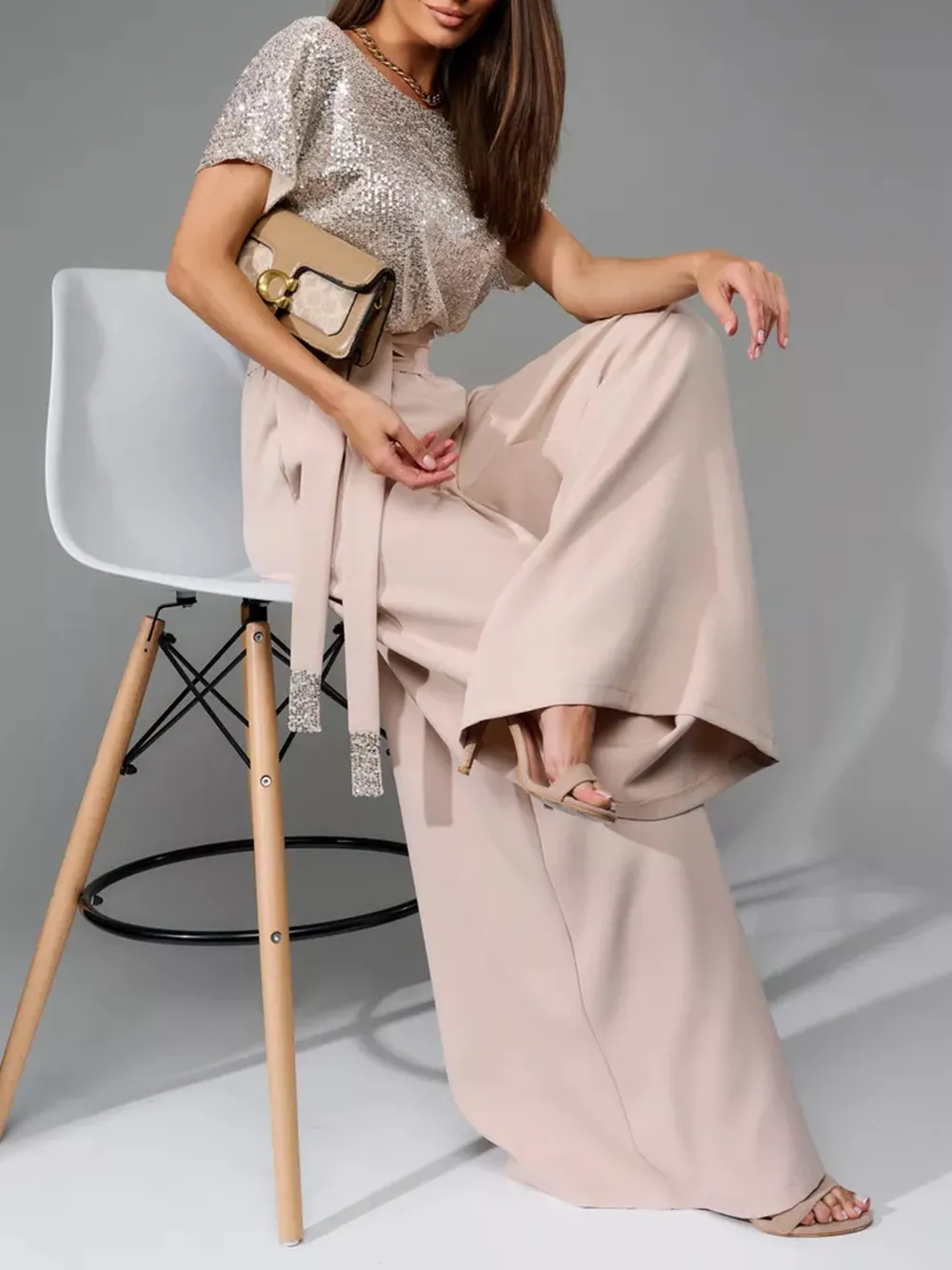 Full Size Sequin Round Neck Short Sleeve Wide Leg Jumpsuit, image 5