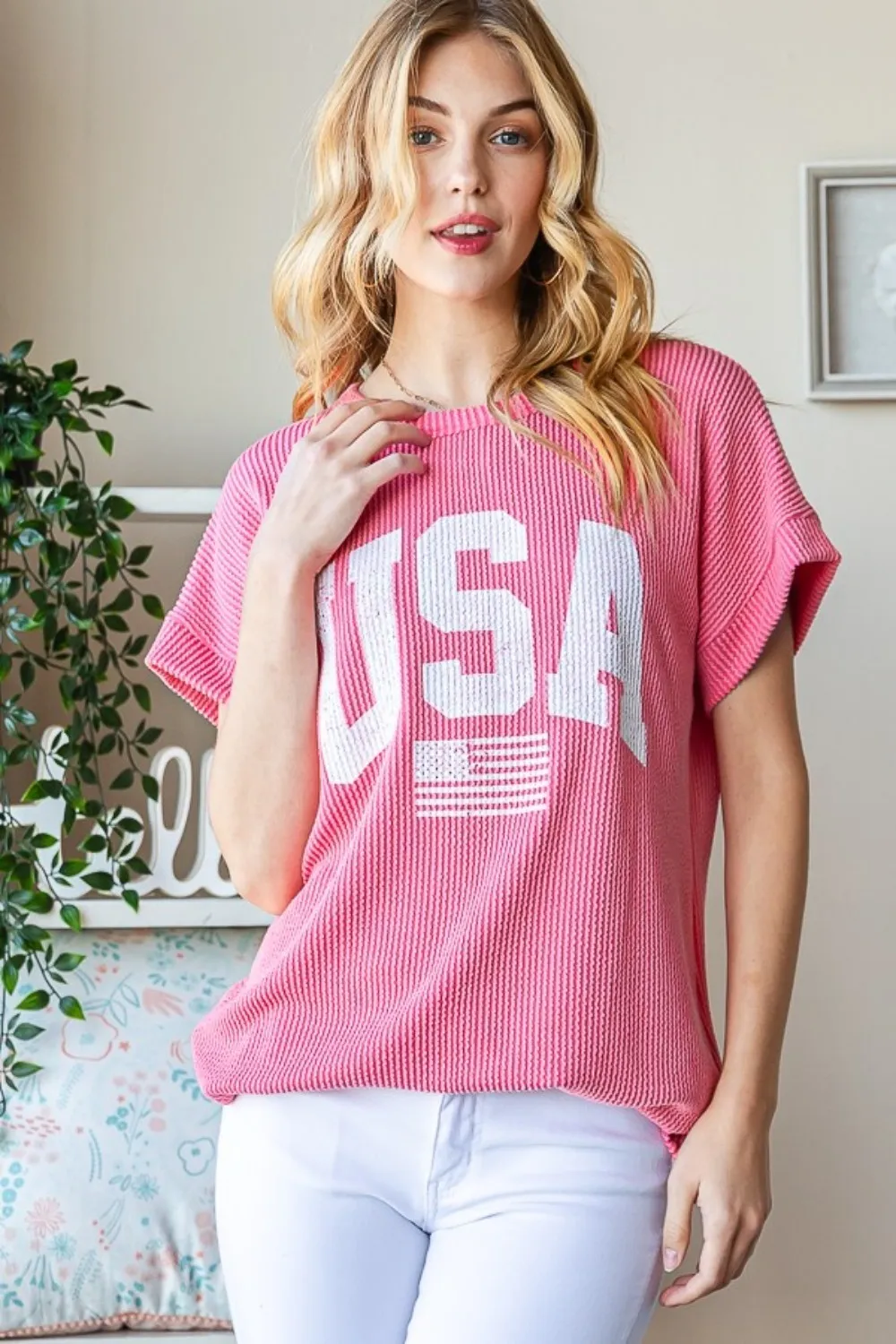 Full Size USA Graphic Short Sleeve Ribbed Top, image 4