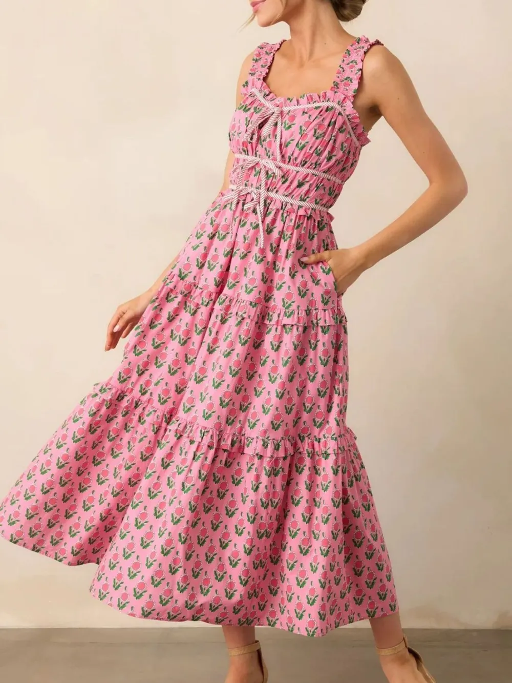 Floral Print Ruffled Midi Dress with Pockets, image 7