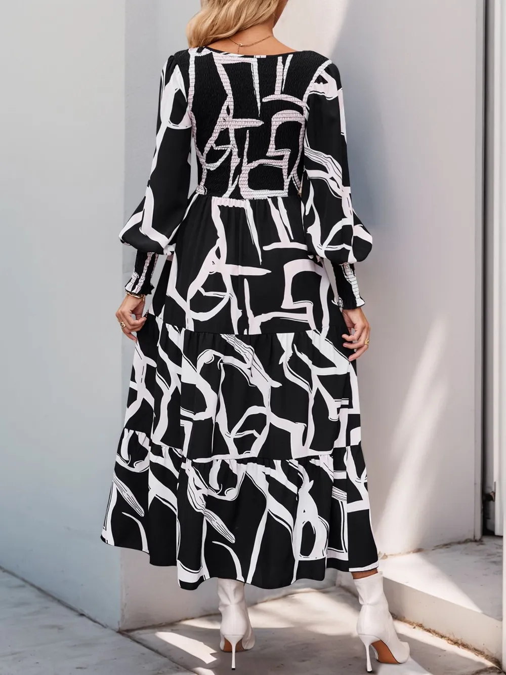 Smocked Printed Long Sleeve Midi Dress, image 2