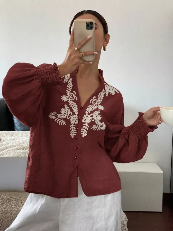 Embroidered Notched Long Sleeve Blouse, image 35