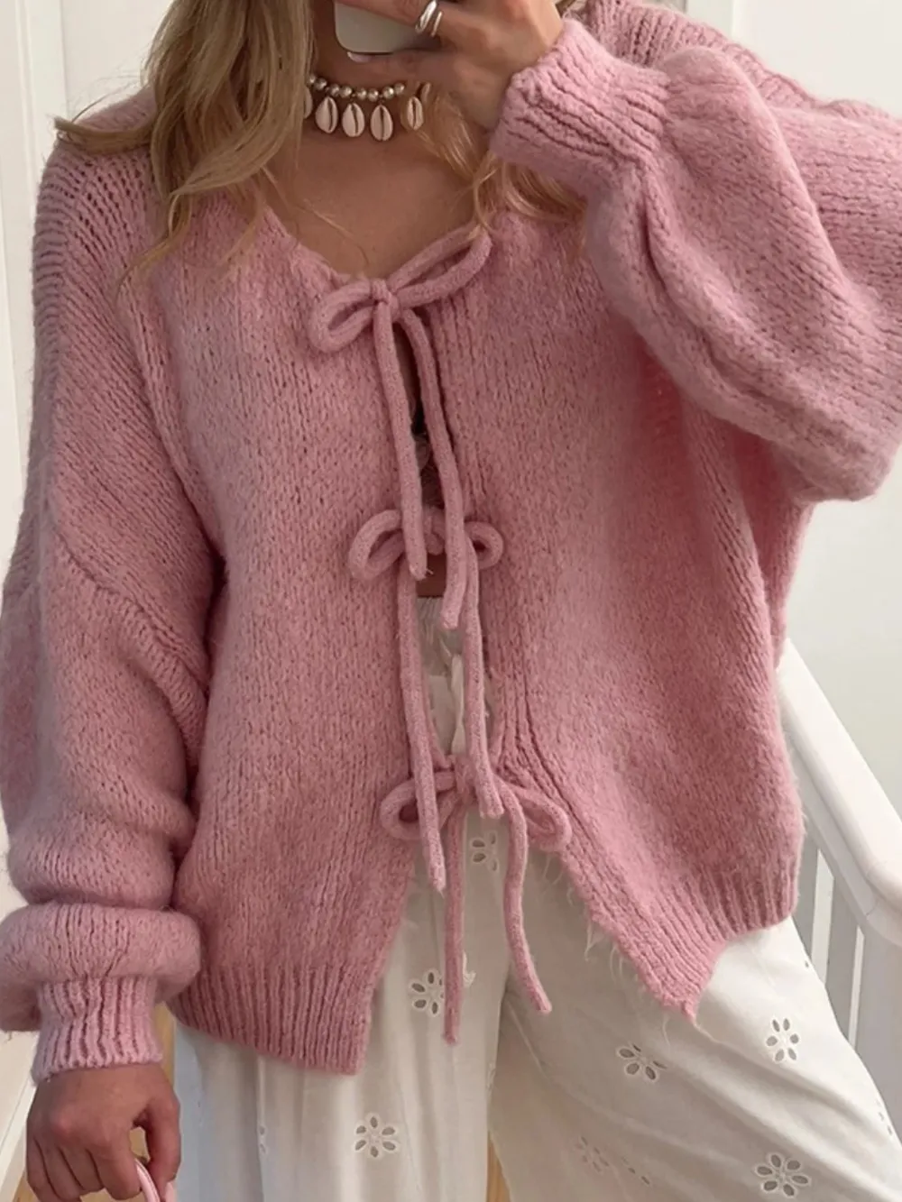 Tied Long Sleeve Dropped Shoulder Cardigan, image 4