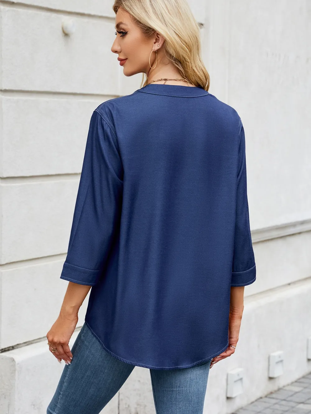 Notched Three-Quarter Sleeve Denim Top, image 10