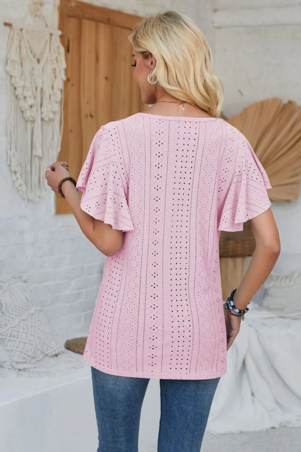 Eyelet Applique V-Neck Cap Sleeve T-Shirt, image 13
