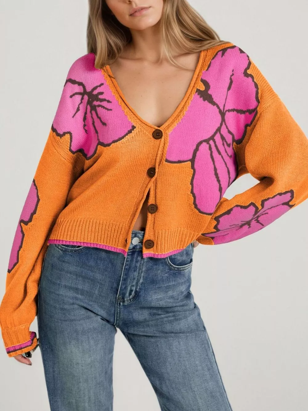 V-Neck Button-Down Knit Cardigan, image 6