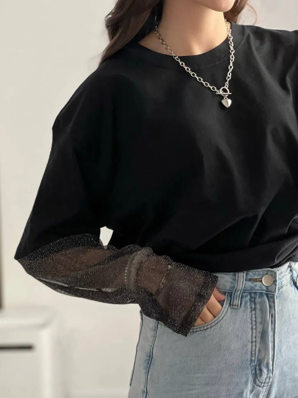 Faux Layered Round Neck Mesh Sleeve Top, image 25