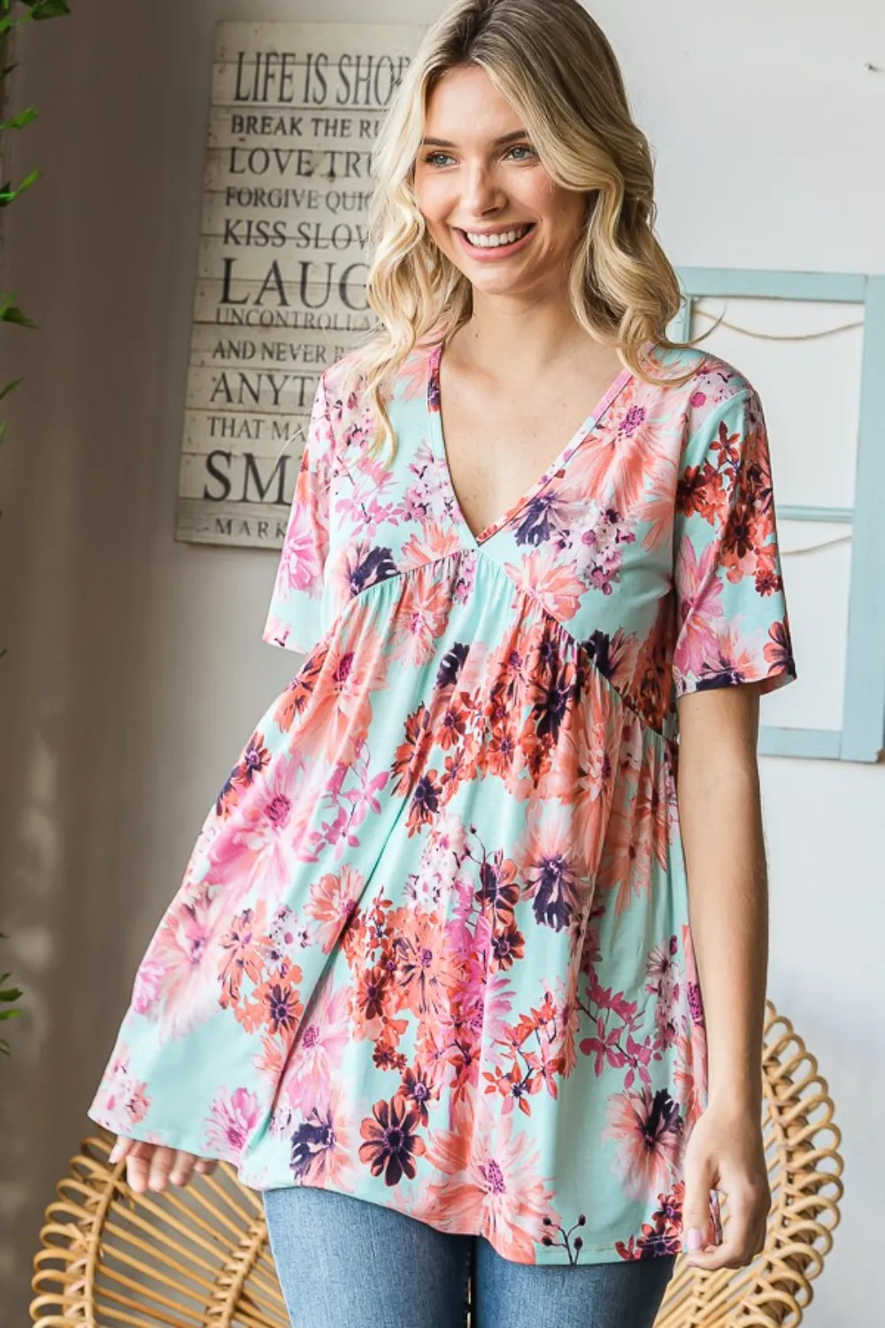 Full Size Floral V-Neck Short Sleeve Babydoll Blouse, image 5