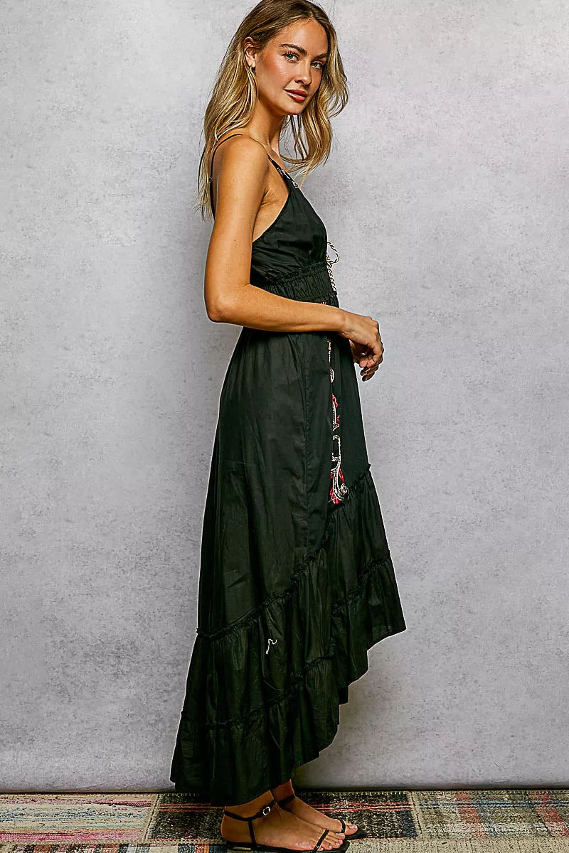 Embroidered Detail Tassel Tie Smocked Waist Midi Tiered Cami Dress, image 4