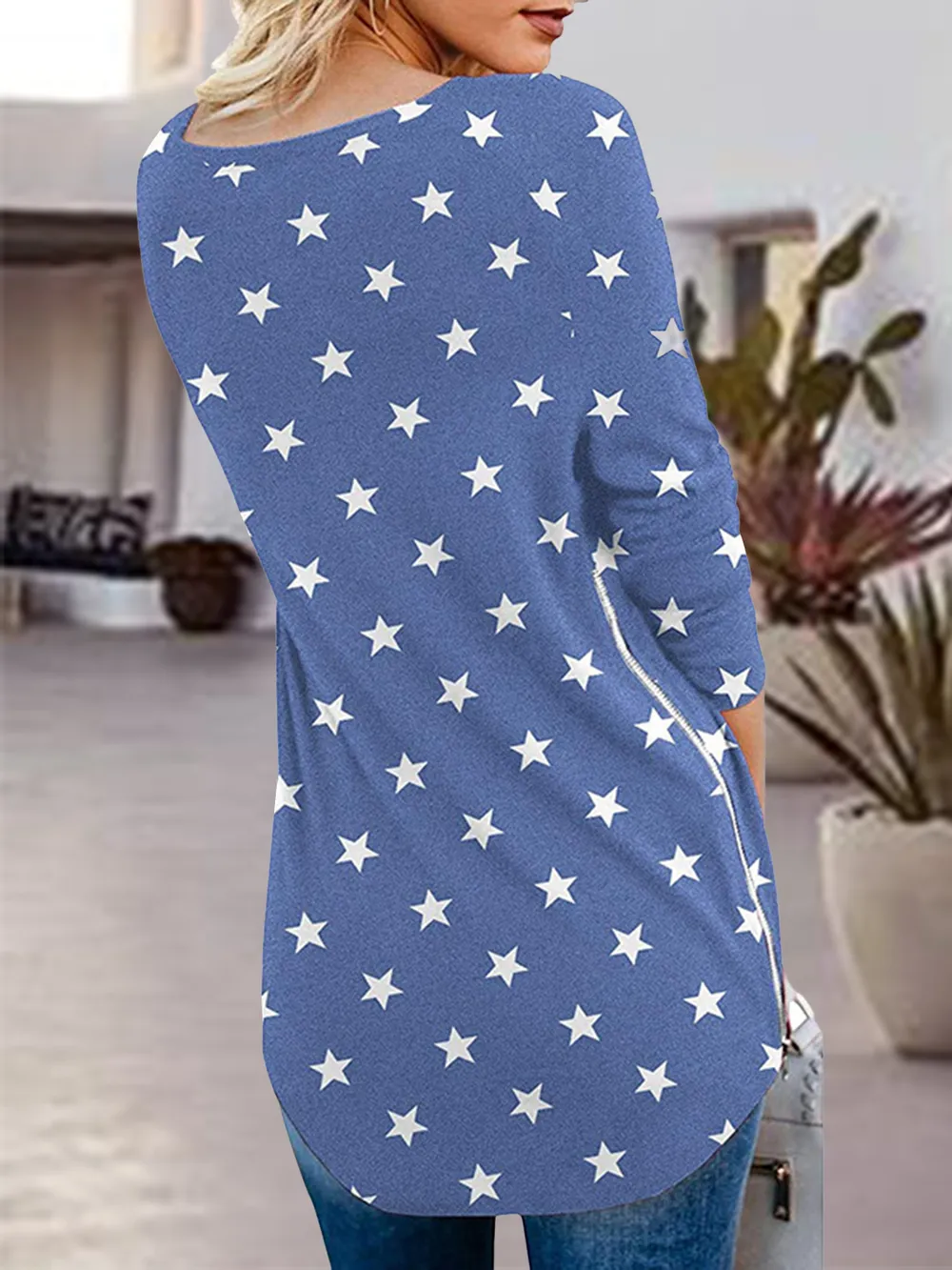 Full Size Side Zip Printed V-Neck Long Sleeve T-Shirt, image 2