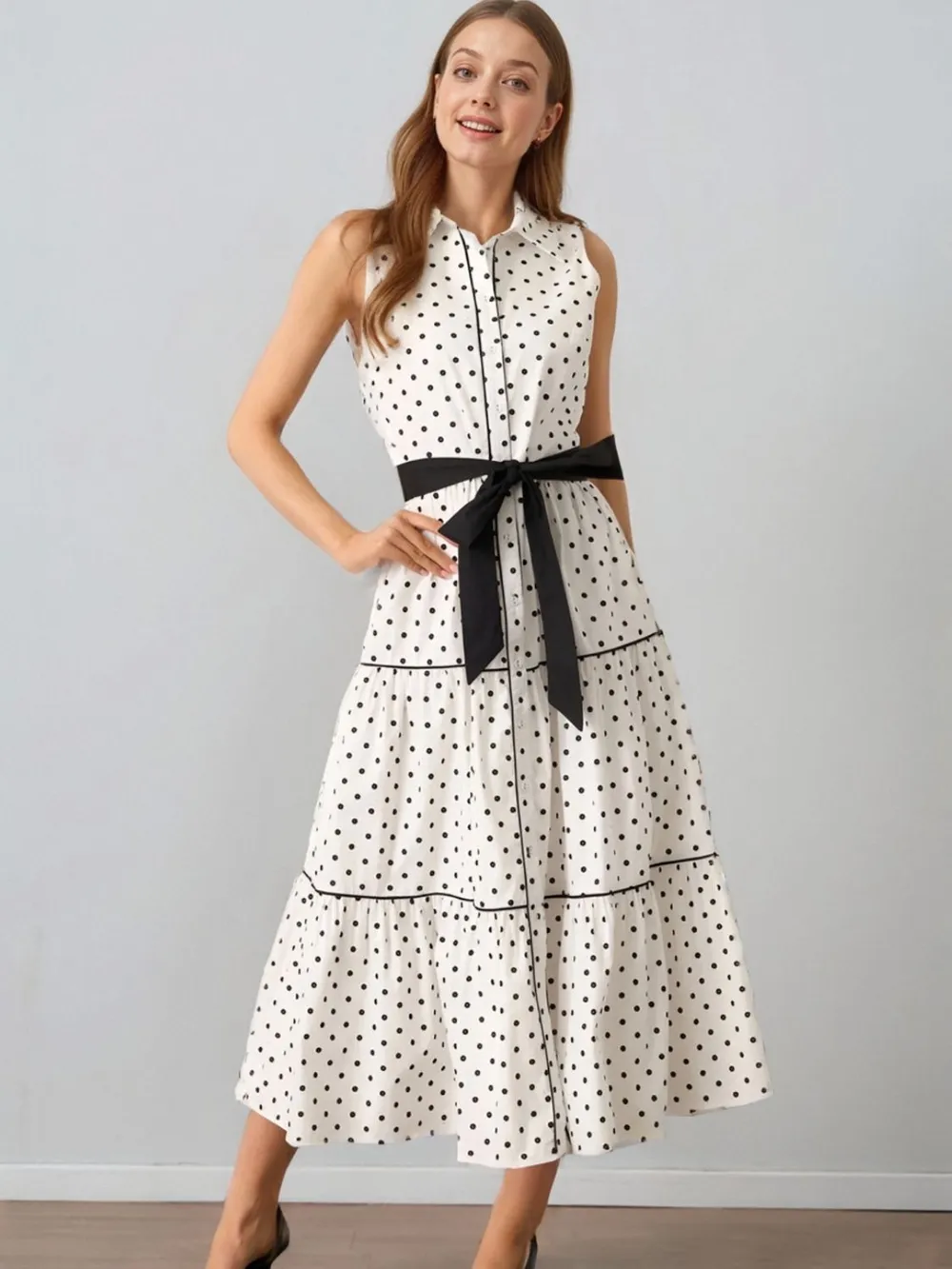 Polka Dot Sleeveless Midi Shirt Dress, image 6