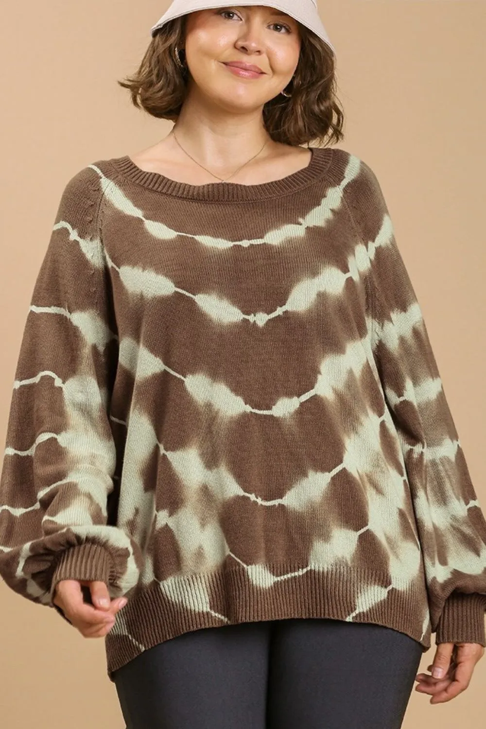 Full Size Ribbed Hem Tie Dye Round Neck Sweater Plus Size, image 7