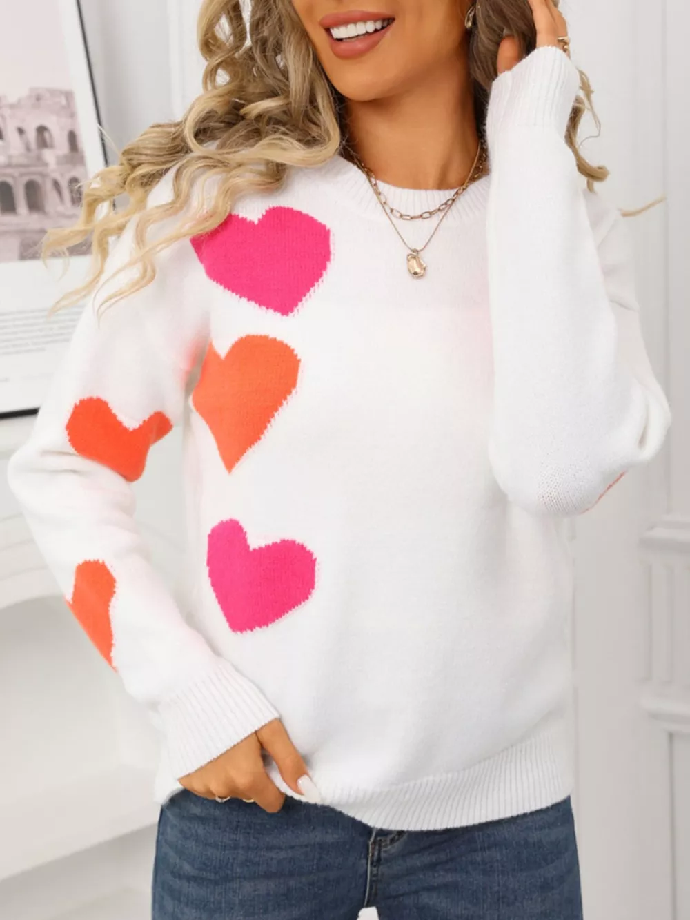 Valentine's Day Heart Pattern Round Neck Sweater, image 13