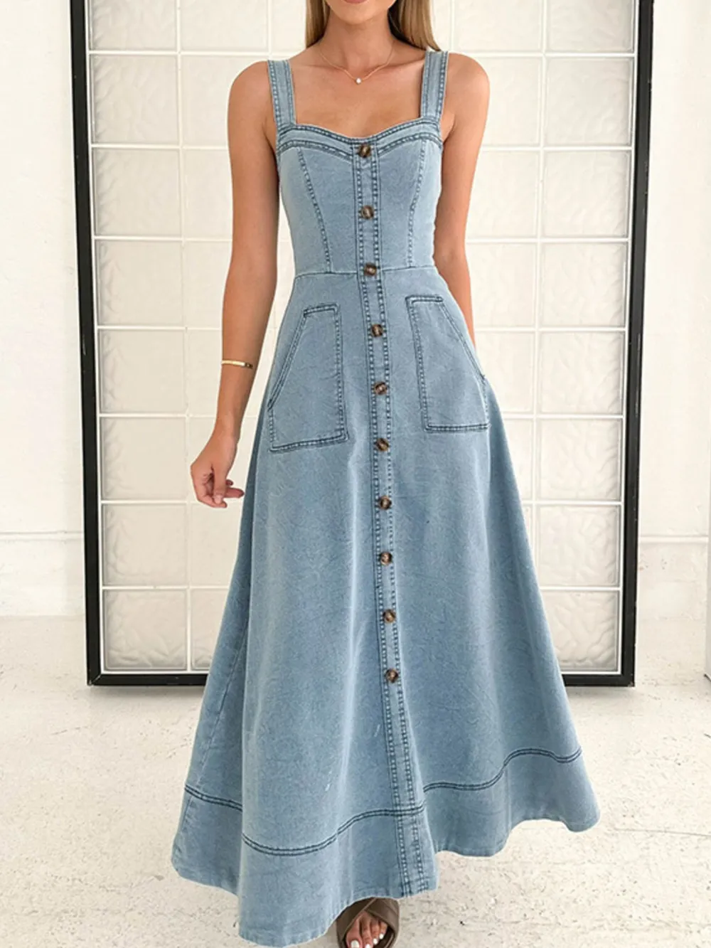 Wide Strap Sweetheart Neck Denim Dress