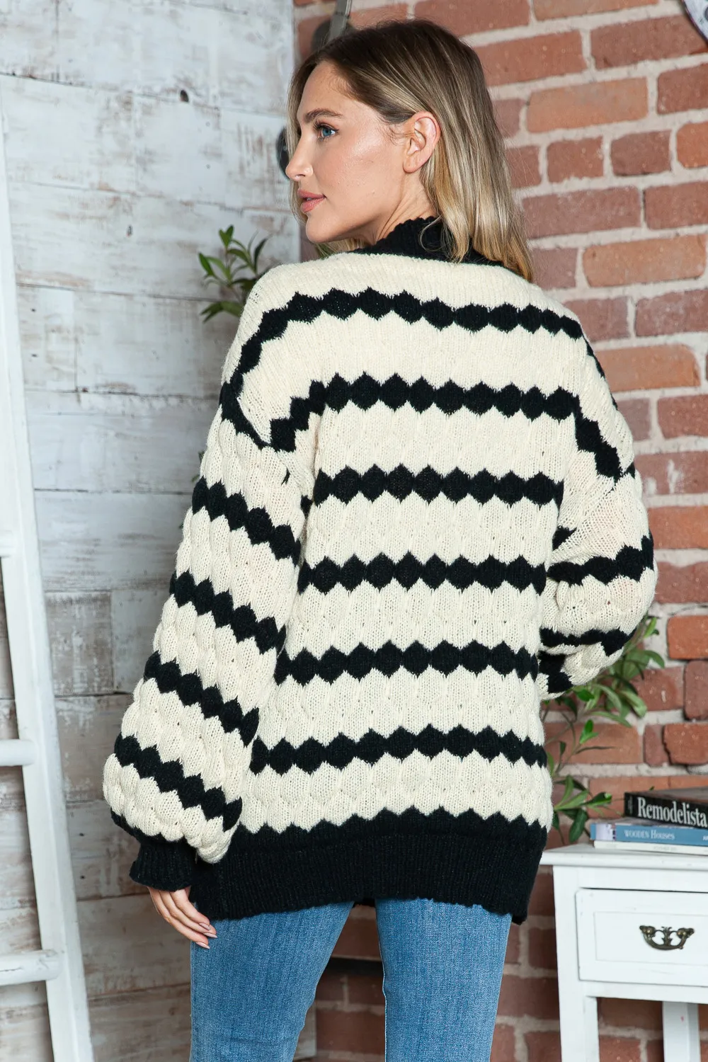 Striped Contrast Open Front Long Sleeve Cardigan, image 2