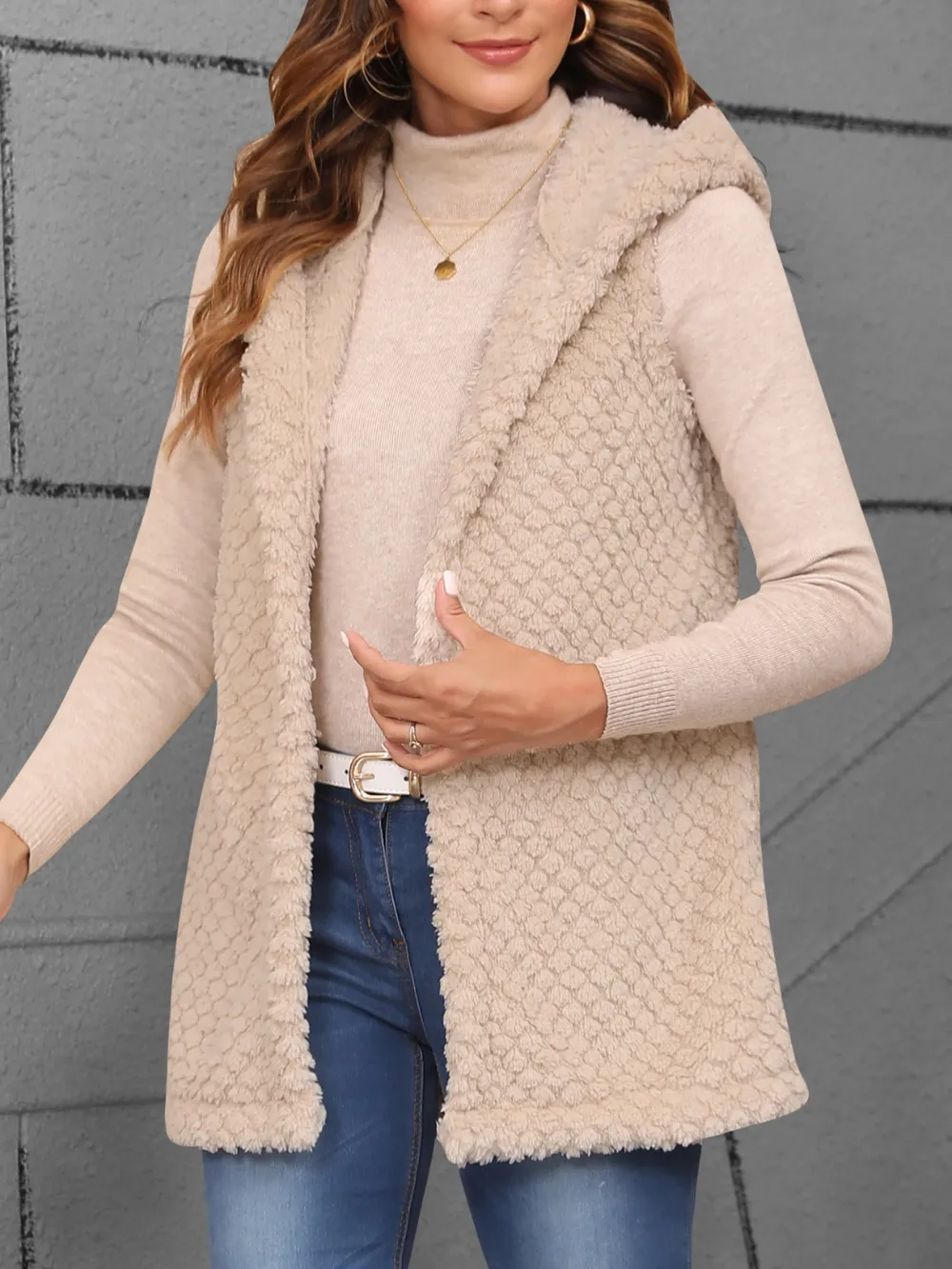 Texture Solid Color Hooded Vest Coat, image 4