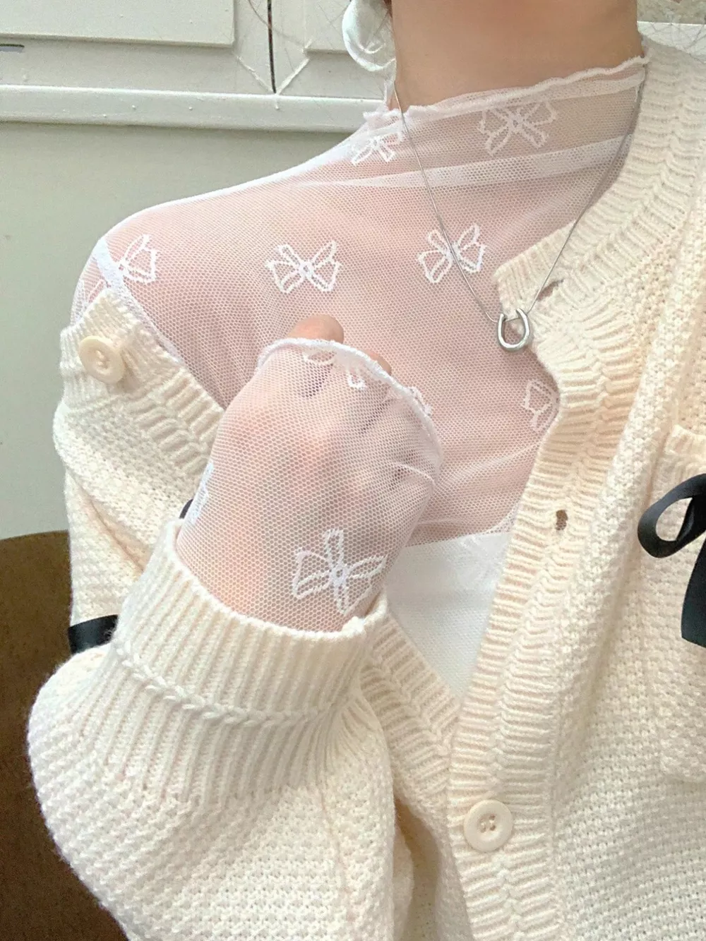 Bow Print Sheer Mesh Top, image 4
