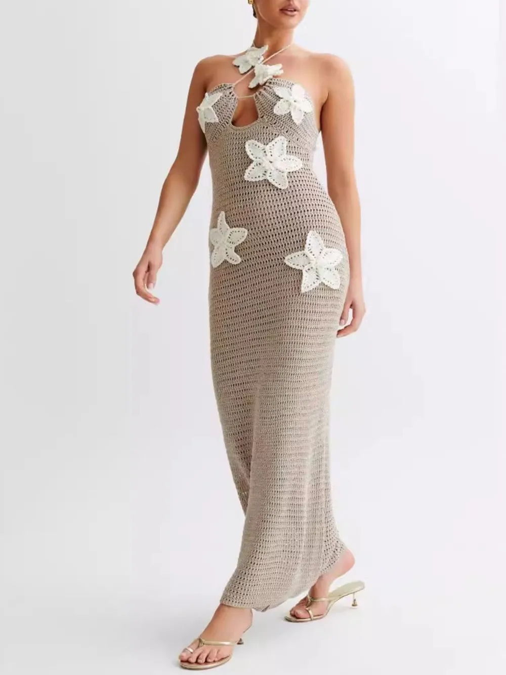 Crochet Floral Halter Knit Cover Up Dress, image 9