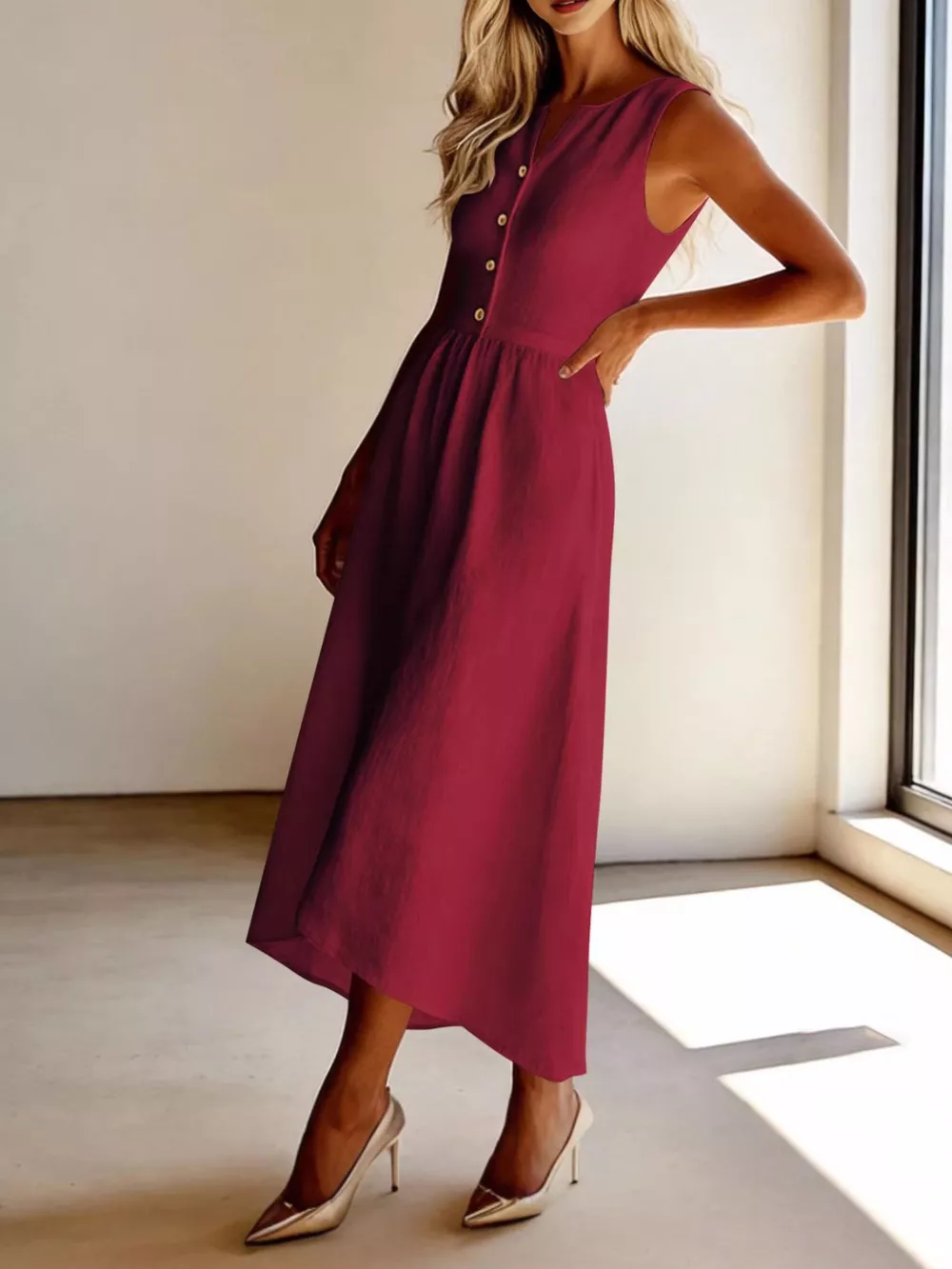 Sleeveless Button Front Flowy Midi Dress, image 7