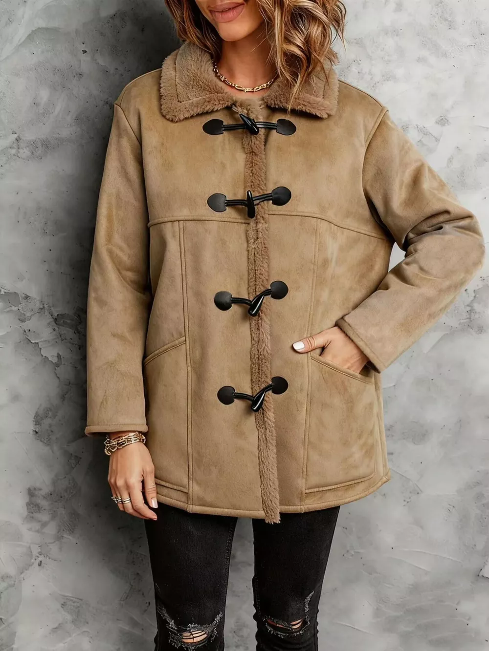 Faux Suede Sherpa Lined Toggle Coat, image 2