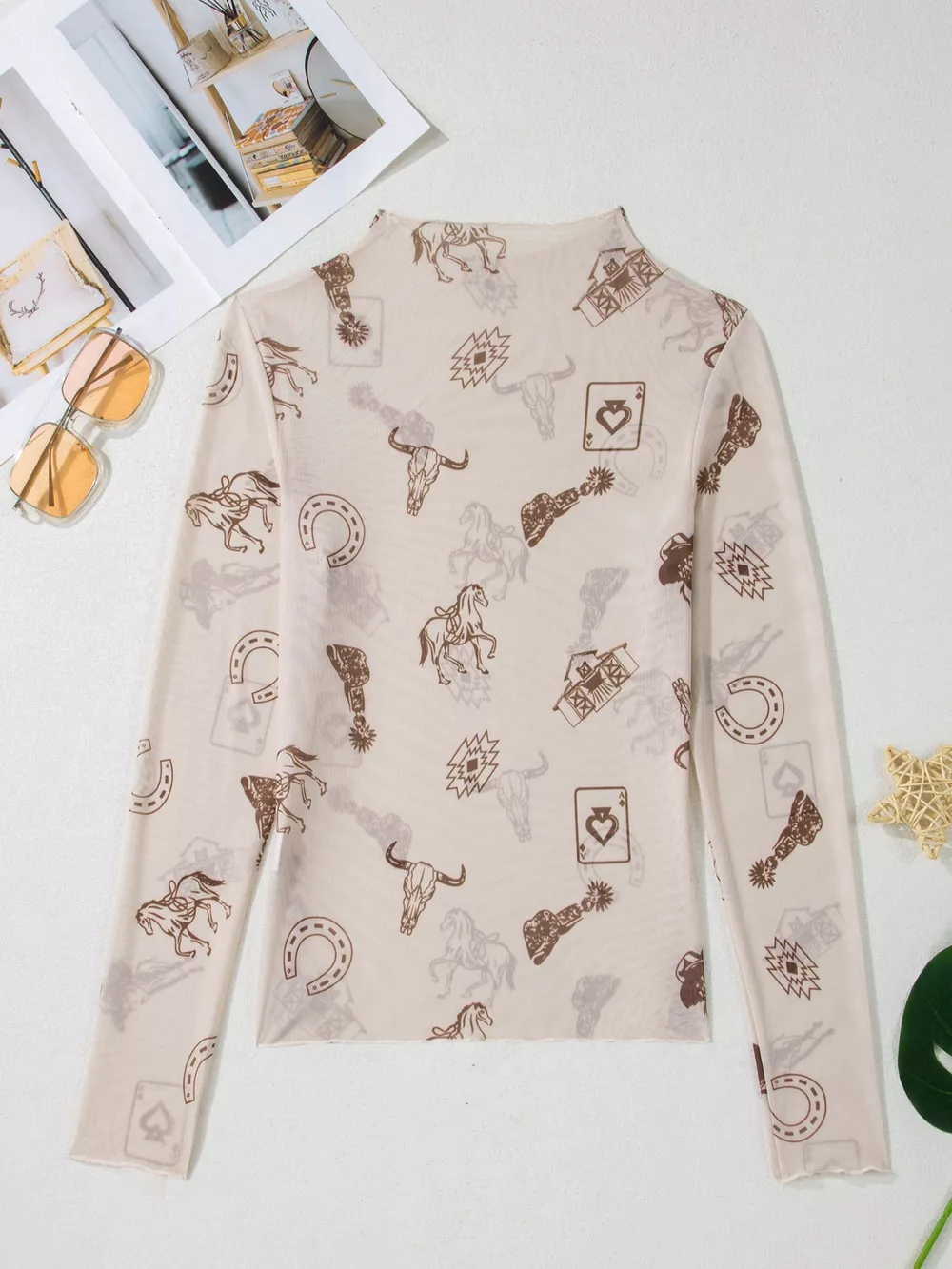 Western Print Slim Fit Mesh Long Sleeve Mock Neck Top, image 4