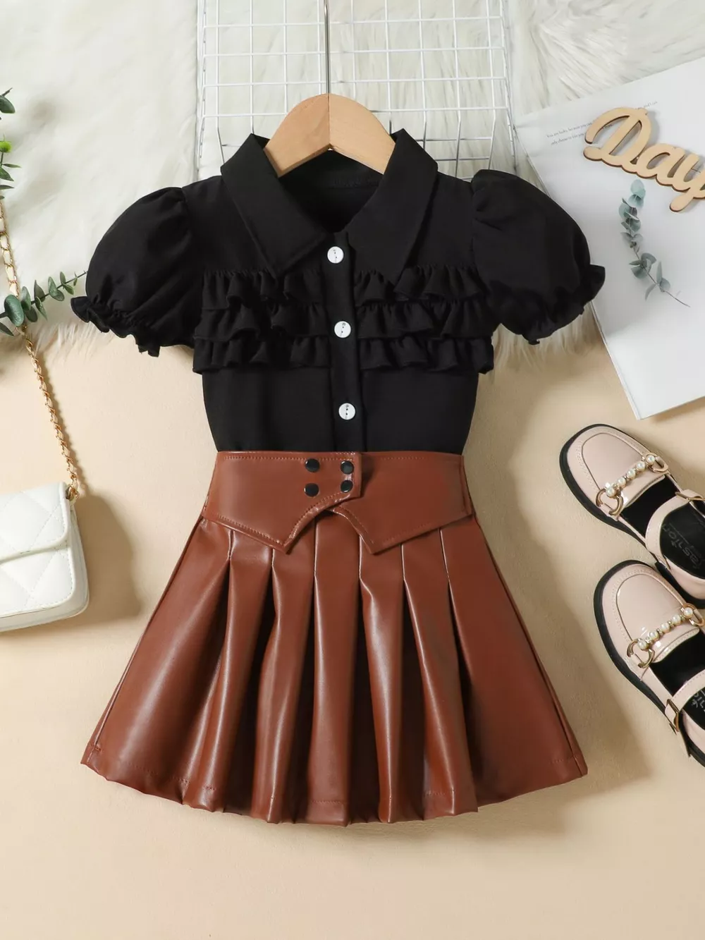 Children's Ruffle Trim Puff Sleeve Top & Pleated Skirt Set