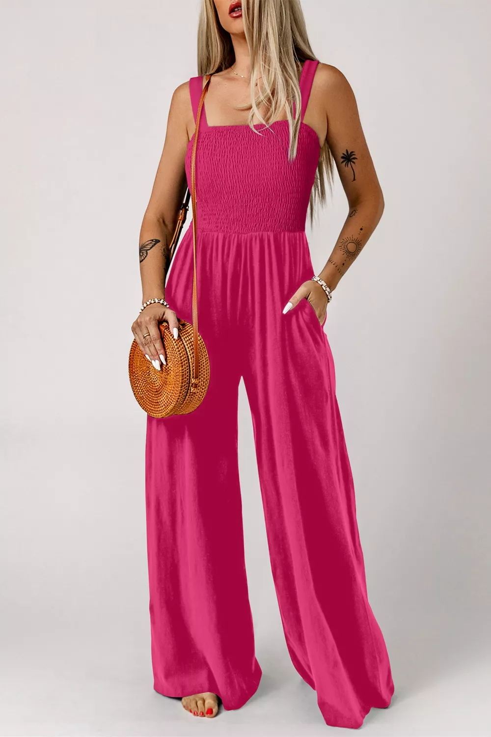 Smocked Bodice Wide Leg Jumpsuit