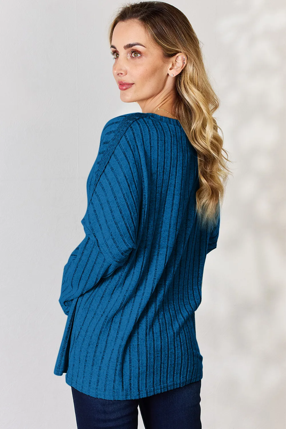 Full Size Ribbed Half Button Long Sleeve T-Shirt, image 30