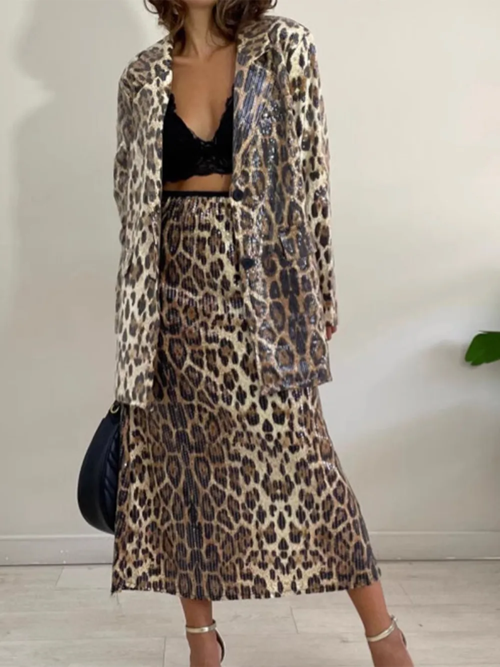 Leopard Lapel Collar Long Sleeve Longline Blazer, image 3