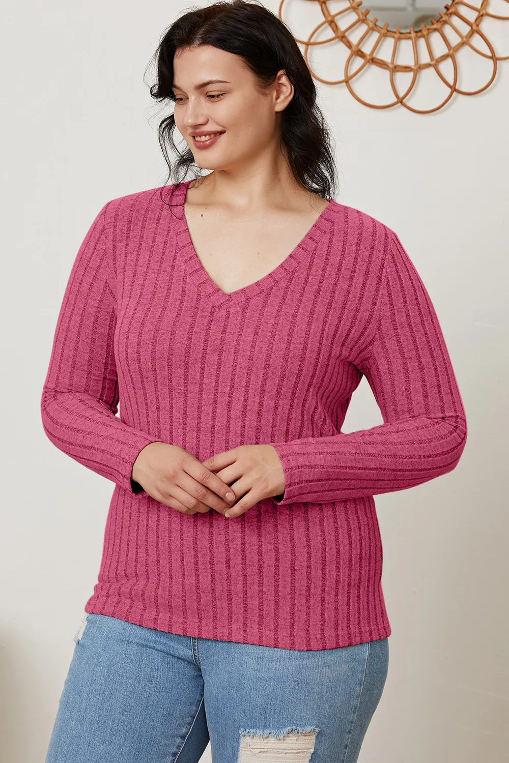 Full Size Ribbed V-Neck Long Sleeve T-Shirt, image 35