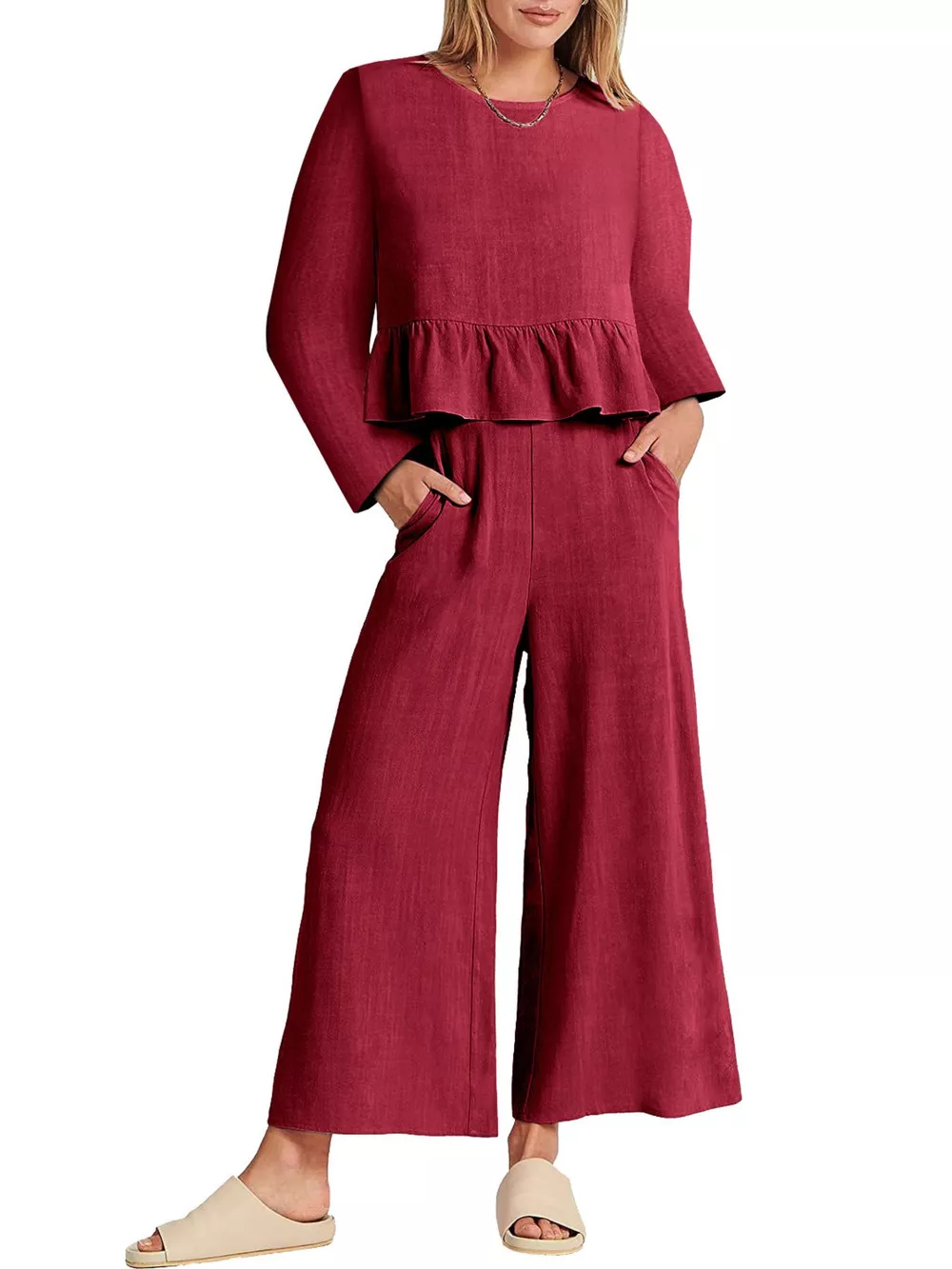 Full Size Ruffled Hem Long Sleeve Top and Pants Set Plus Size, image 13