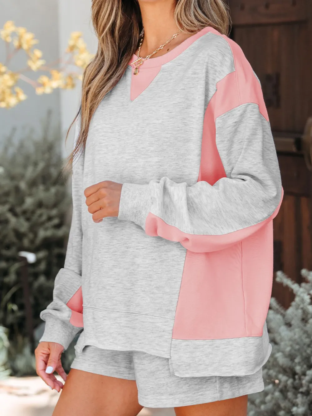 Color Block Long Sleeve Sweatshirt and Shorts Set, image 3
