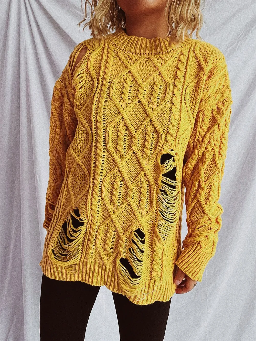 Distressed Cable-Knit Round Neck Long Sleeve Sweater, image 14