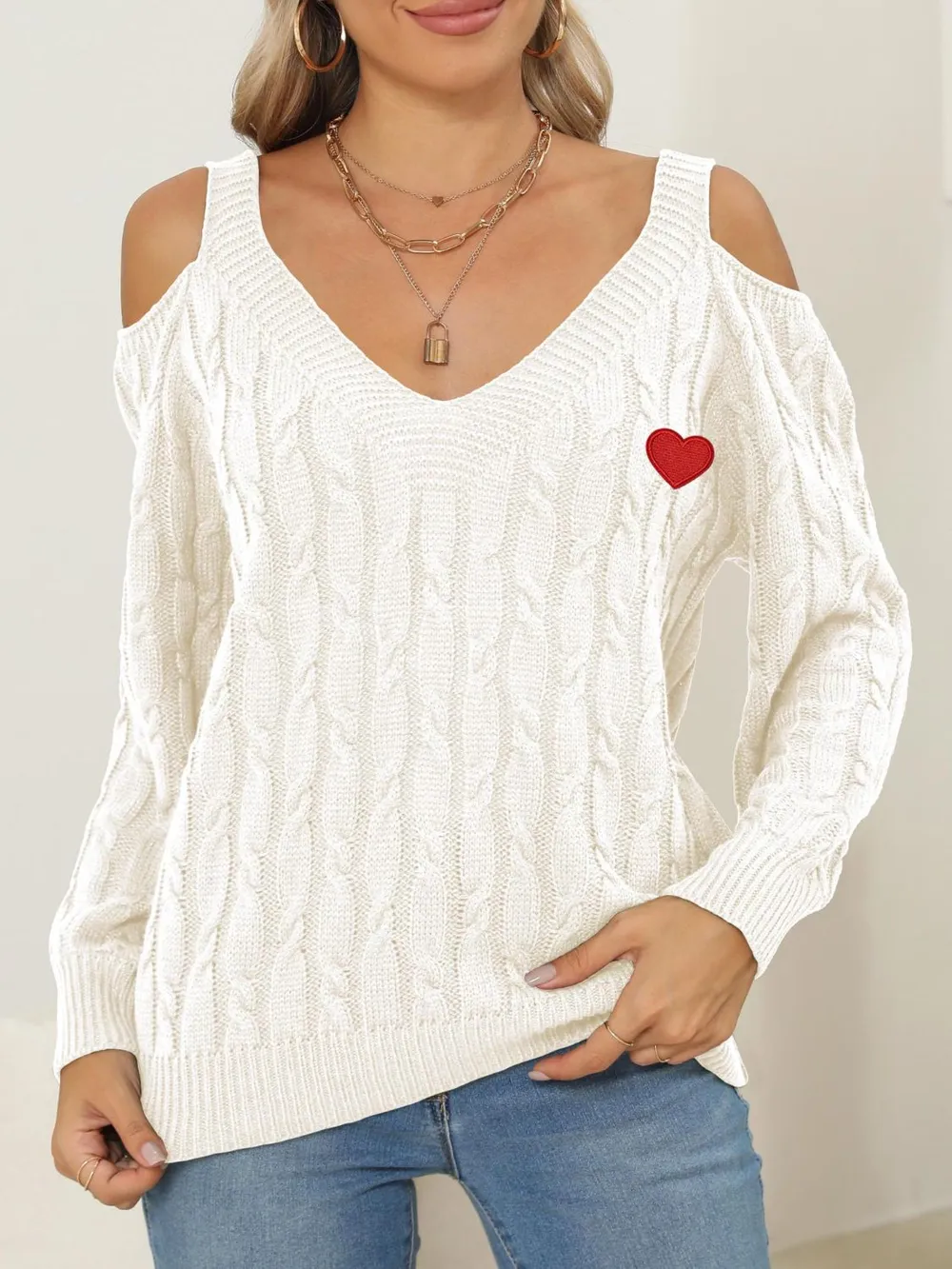 Cable-Knit Heart V-Neck Sweater, image 12