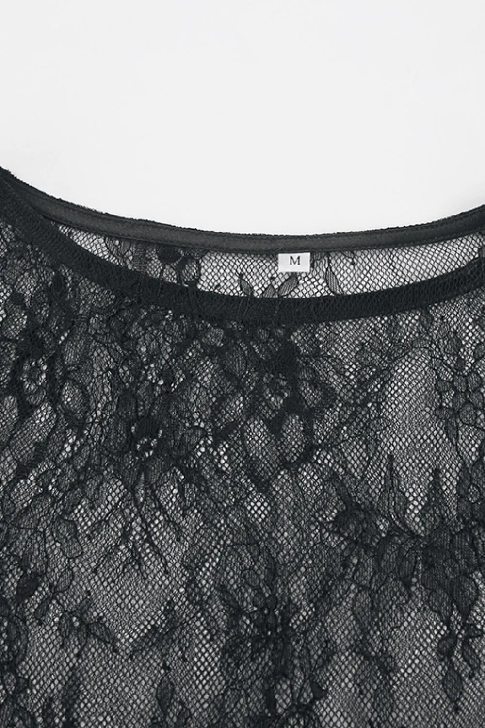 Fringe Round Neck Long Sleeve Lace Sheer Top, image 4