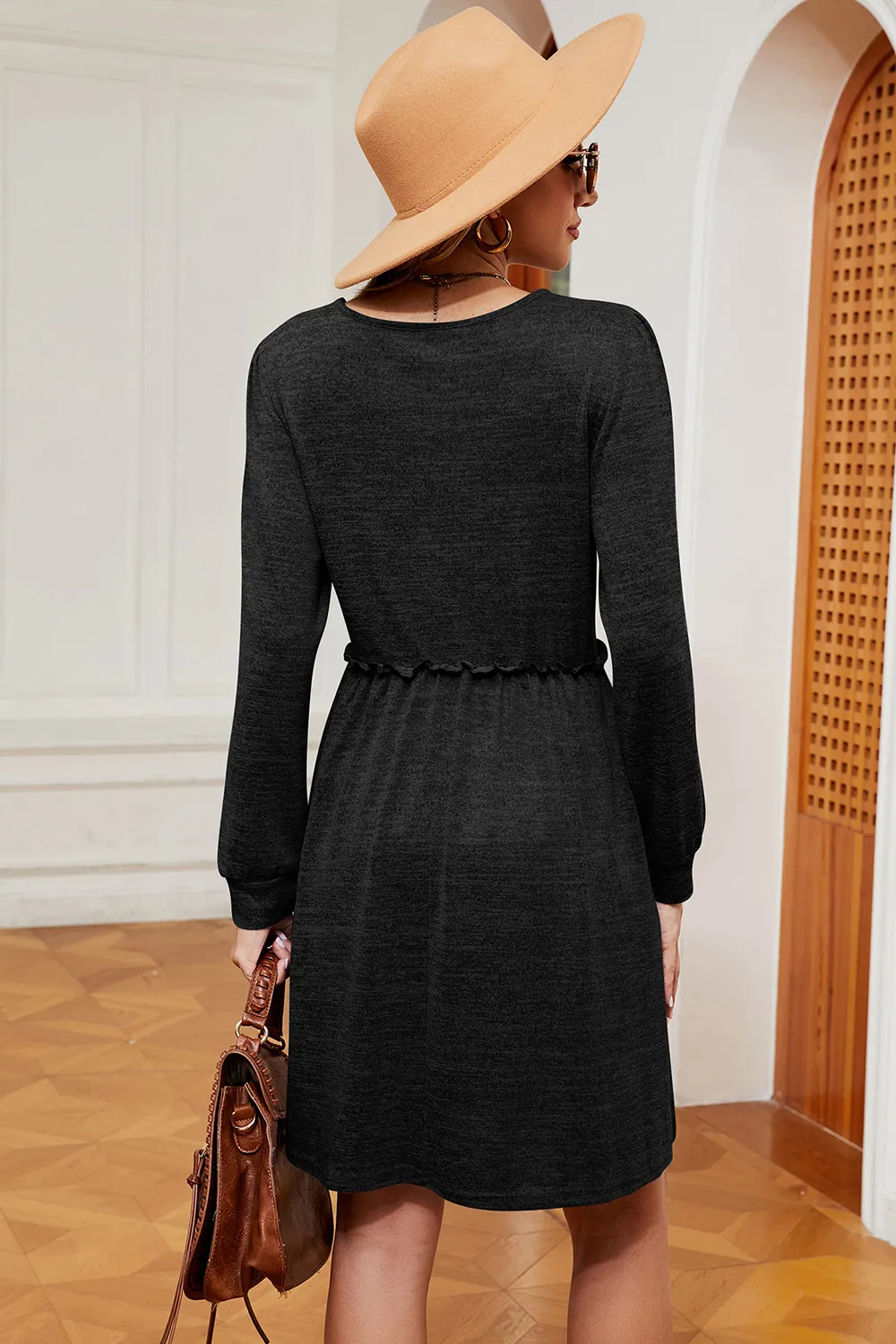 Frill Square Neck Long Sleeve Dress, image 2