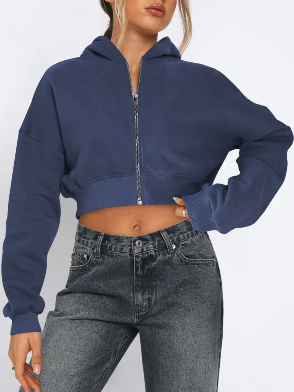 Zip Up Long Sleeve Hooded Cropped Jacket, image 7