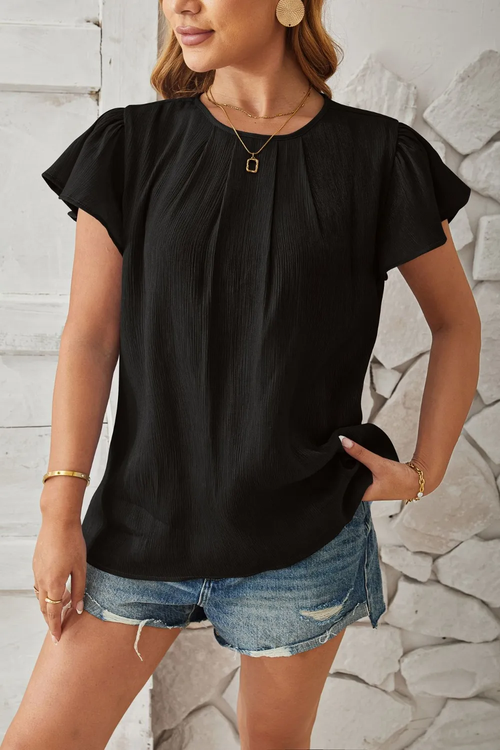 Round Neck Keyhole Cap Sleeve T-Shirt, image 11