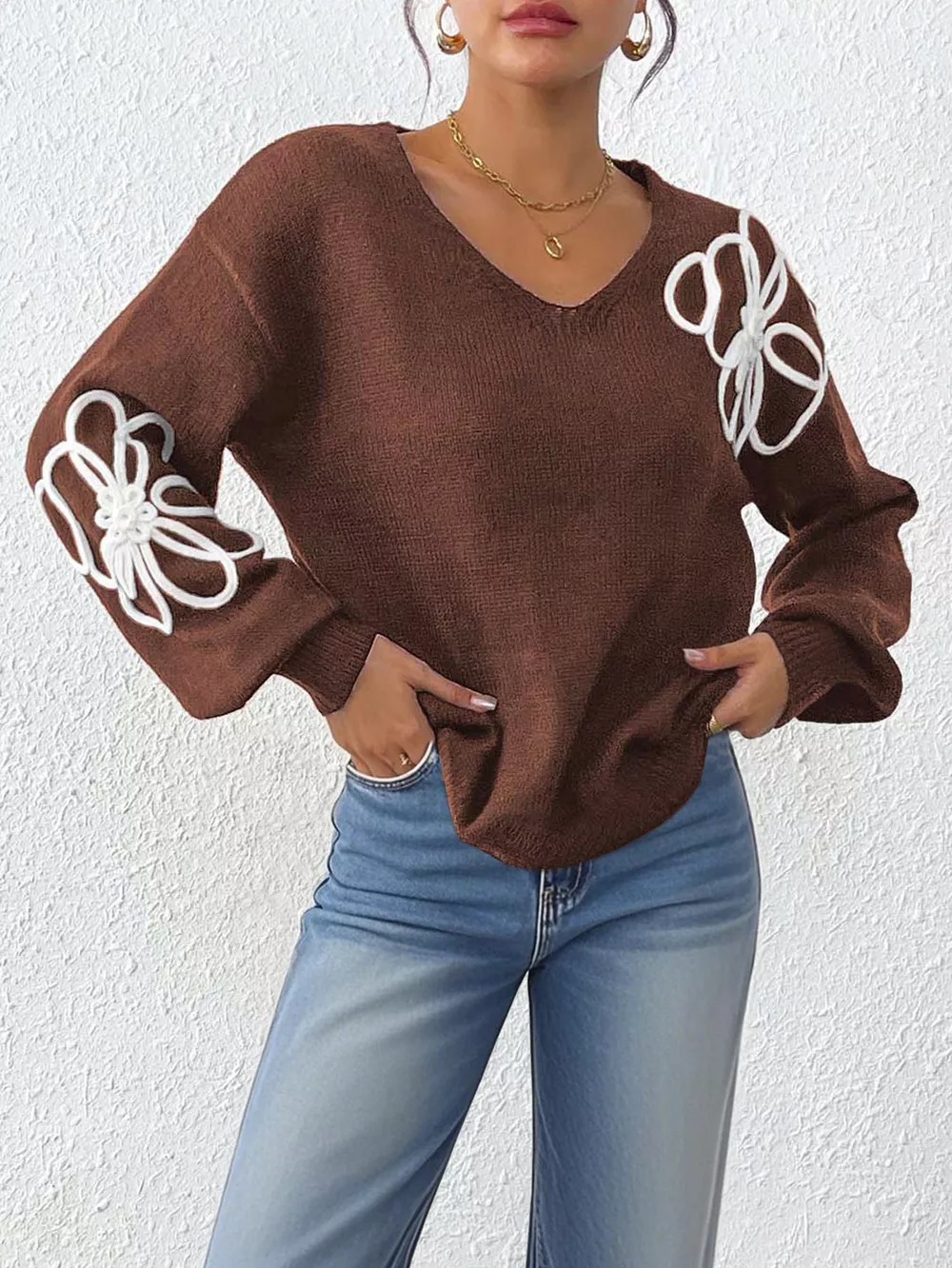 Flower V-Neck Long Sleeve Sweater, image 11