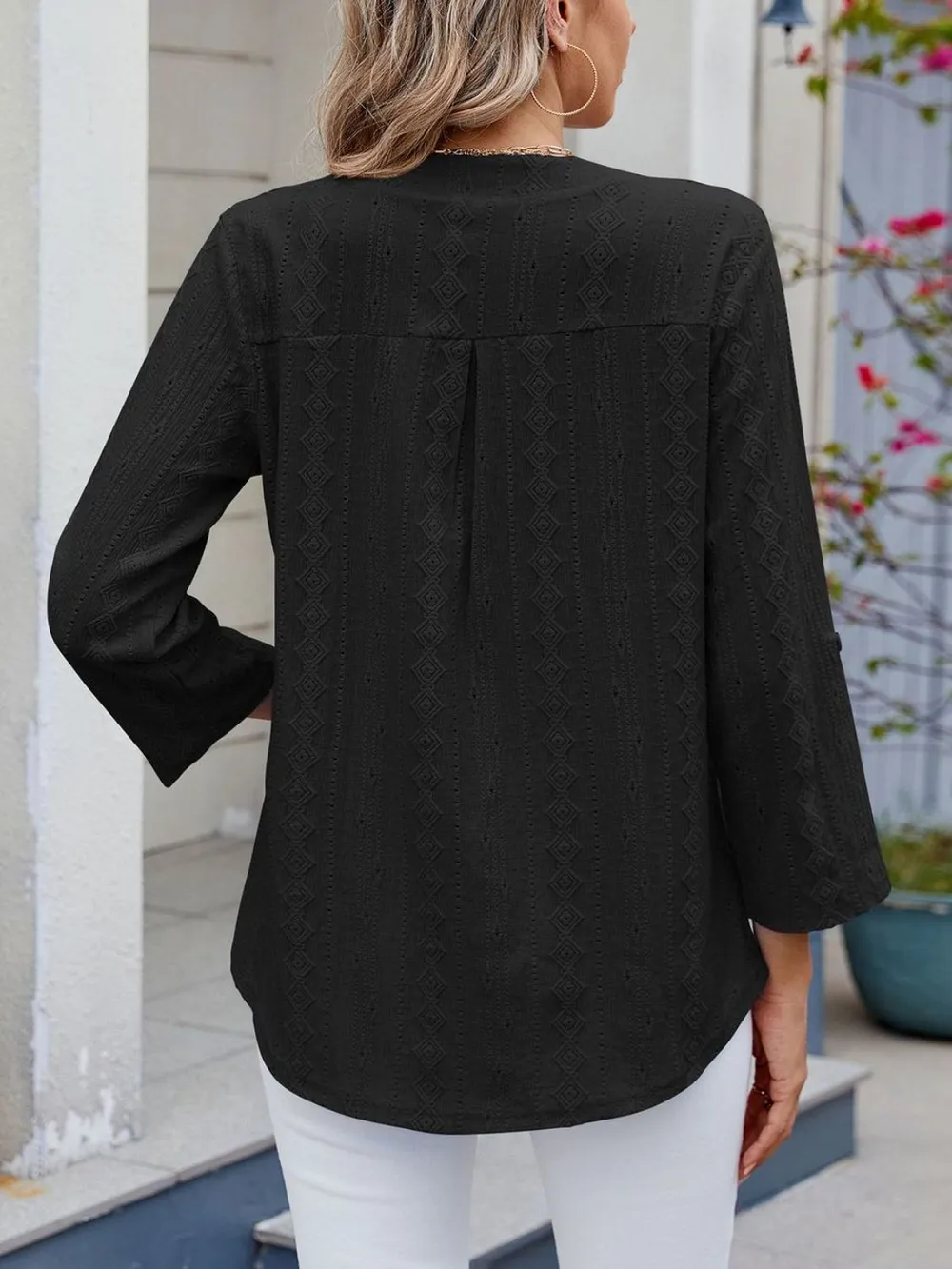 Eyelet Notched Roll-Tab Sleeve Top, image 35
