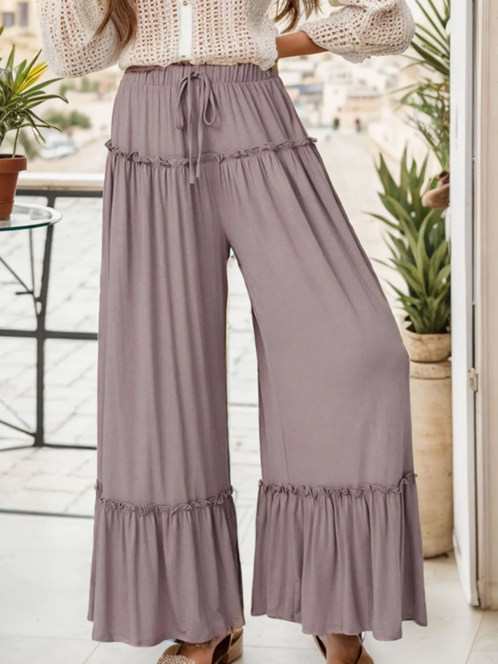 Wide Leg Ruffle Trim Pants, image 2