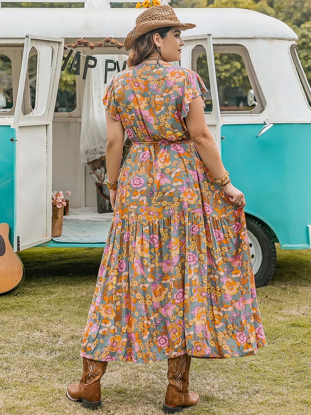 Plus Size Ruffled Printed Cap Sleeve Dress, image 11