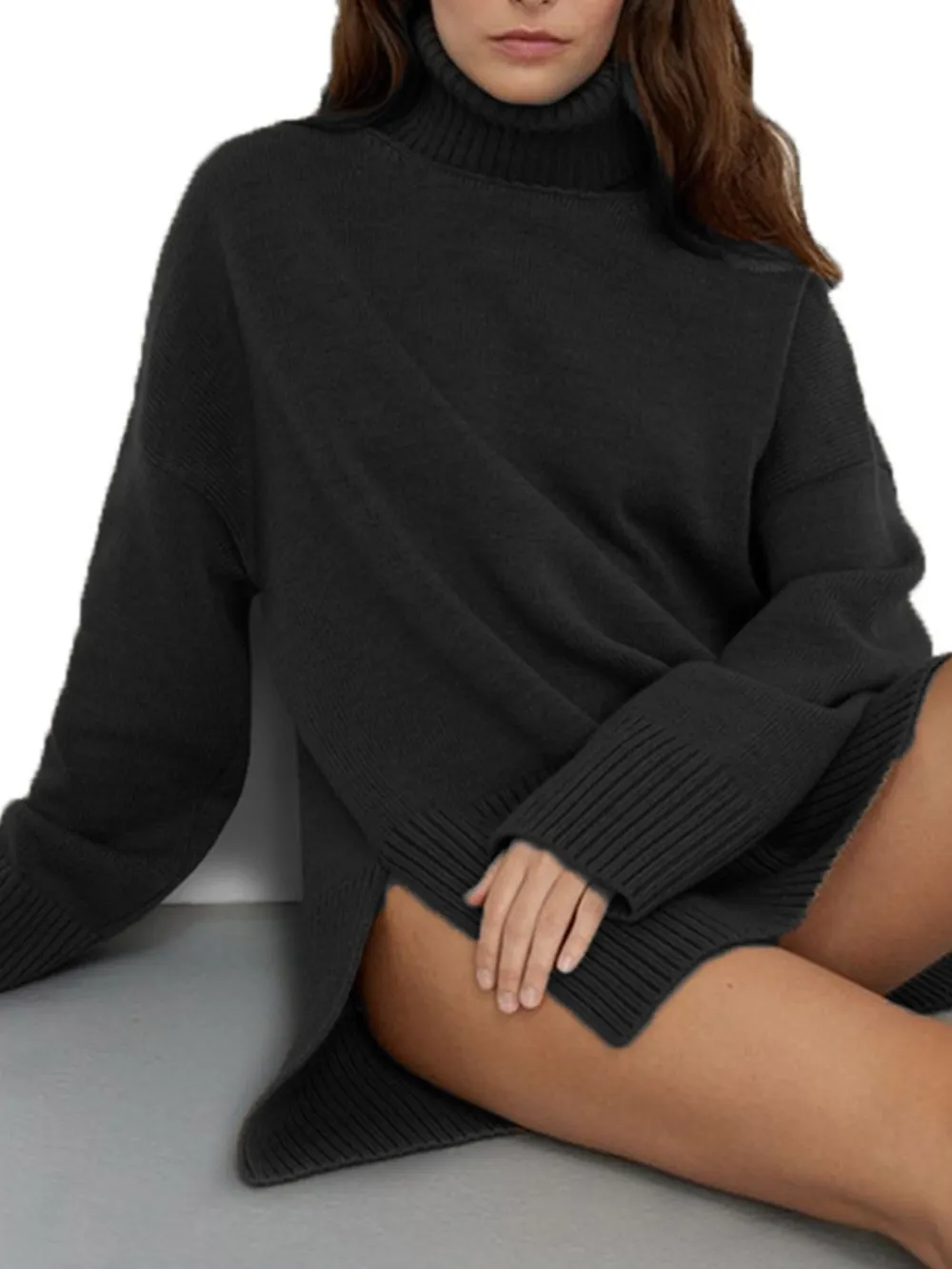 Side Slit Turtleneck Drop Shoulder Sweater, image 14