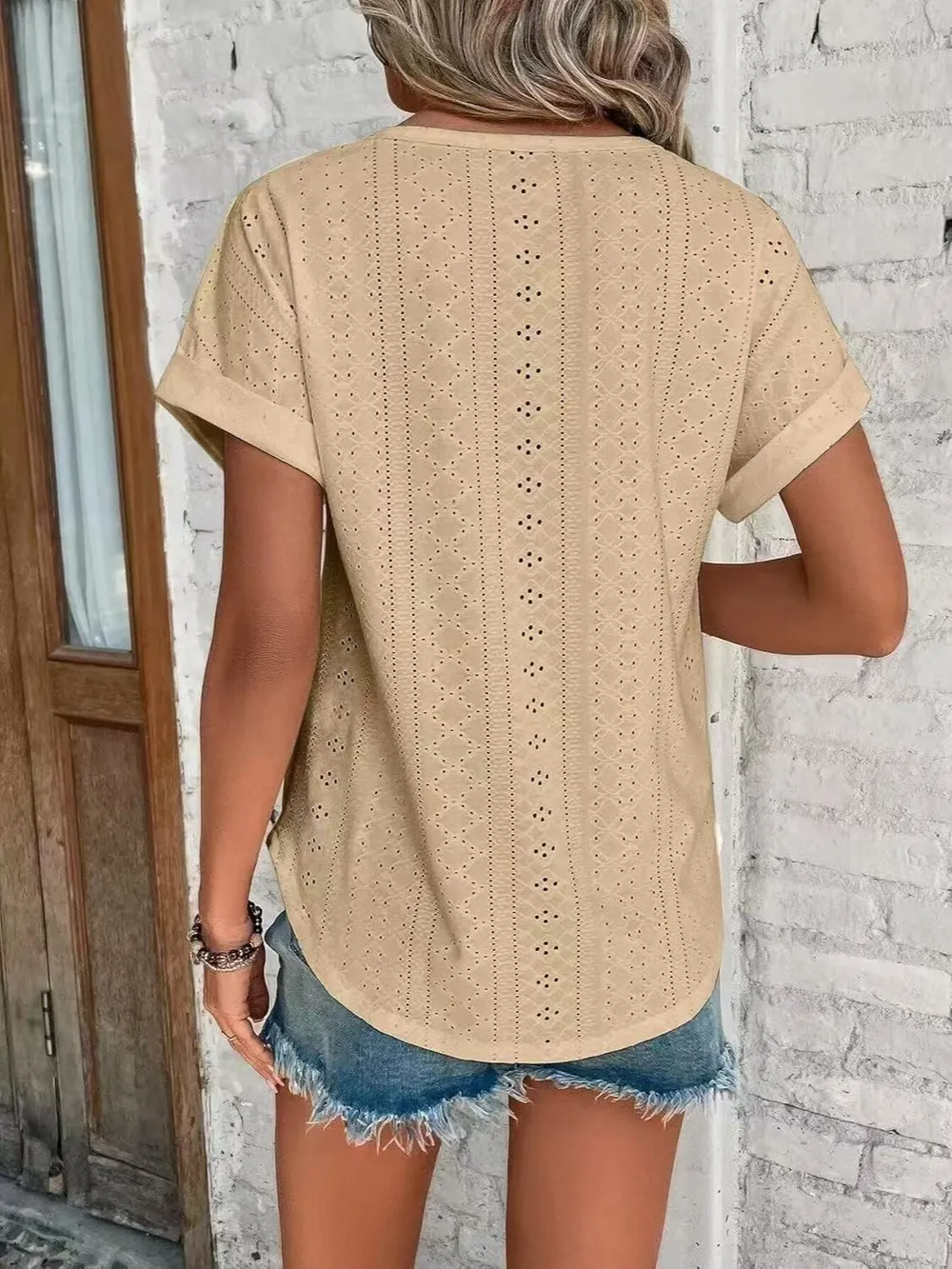 Eyelet Round Neck Short Sleeve T-Shirt, image 19