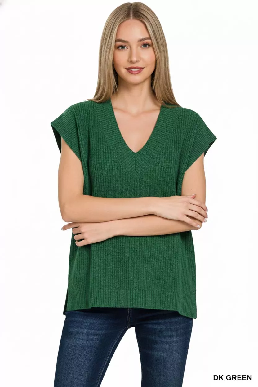 Ribbed Slit V-Neck Sweater Vest, image 3