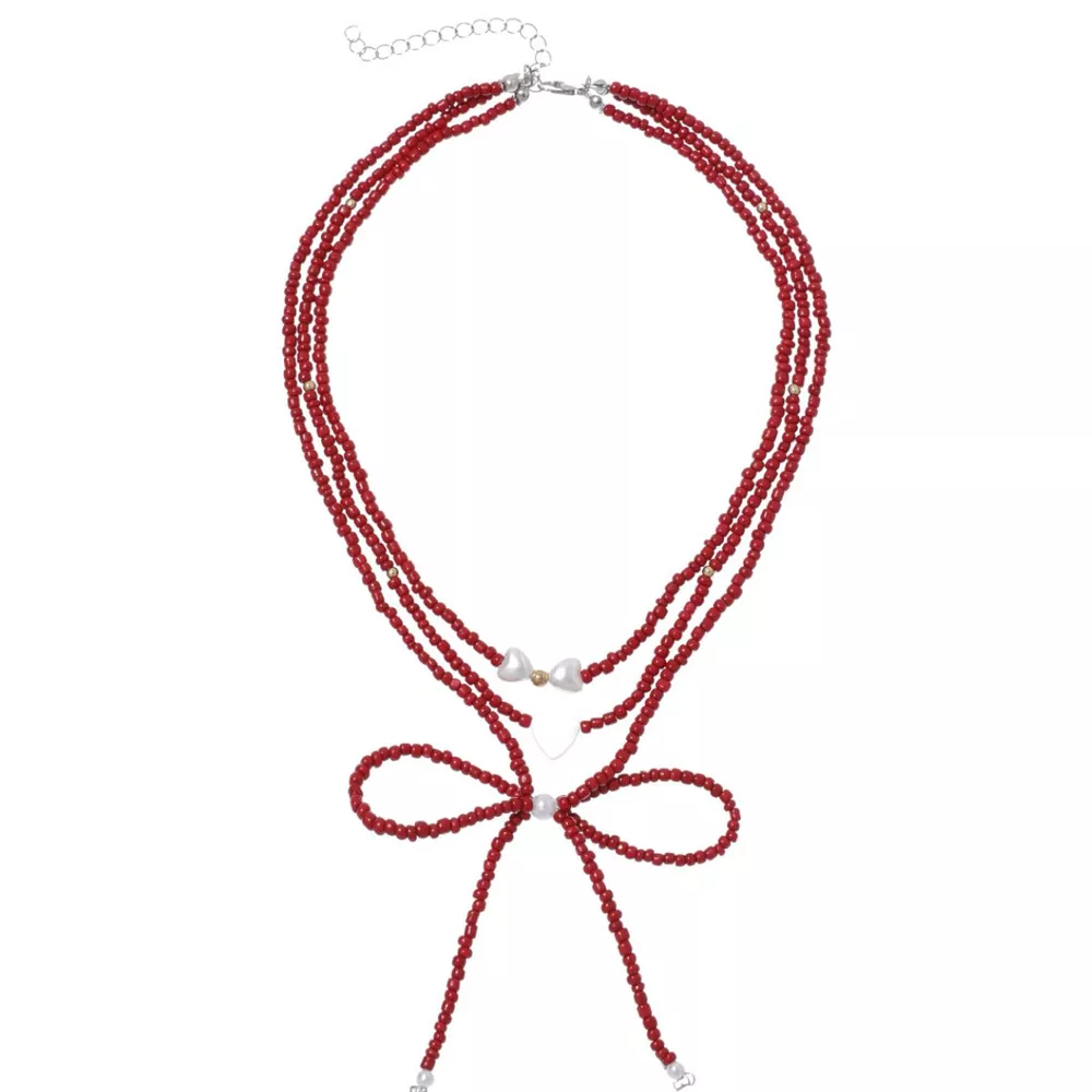 Beaded Bow Necklace with Heart Pendants, image 7